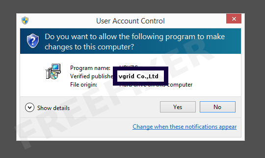Screenshot where vgrid Co.,Ltd appears as the verified publisher in the UAC dialog